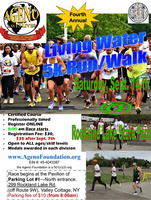 Event poster for "Living Water 5k Run/Walk" at Rockland Lake State Park on Saturday, Sept. 14th. Features race details, including registration times and fees. Includes images of participants running, a logo, race information, and website/contact details. Join us to support a worthy charity!