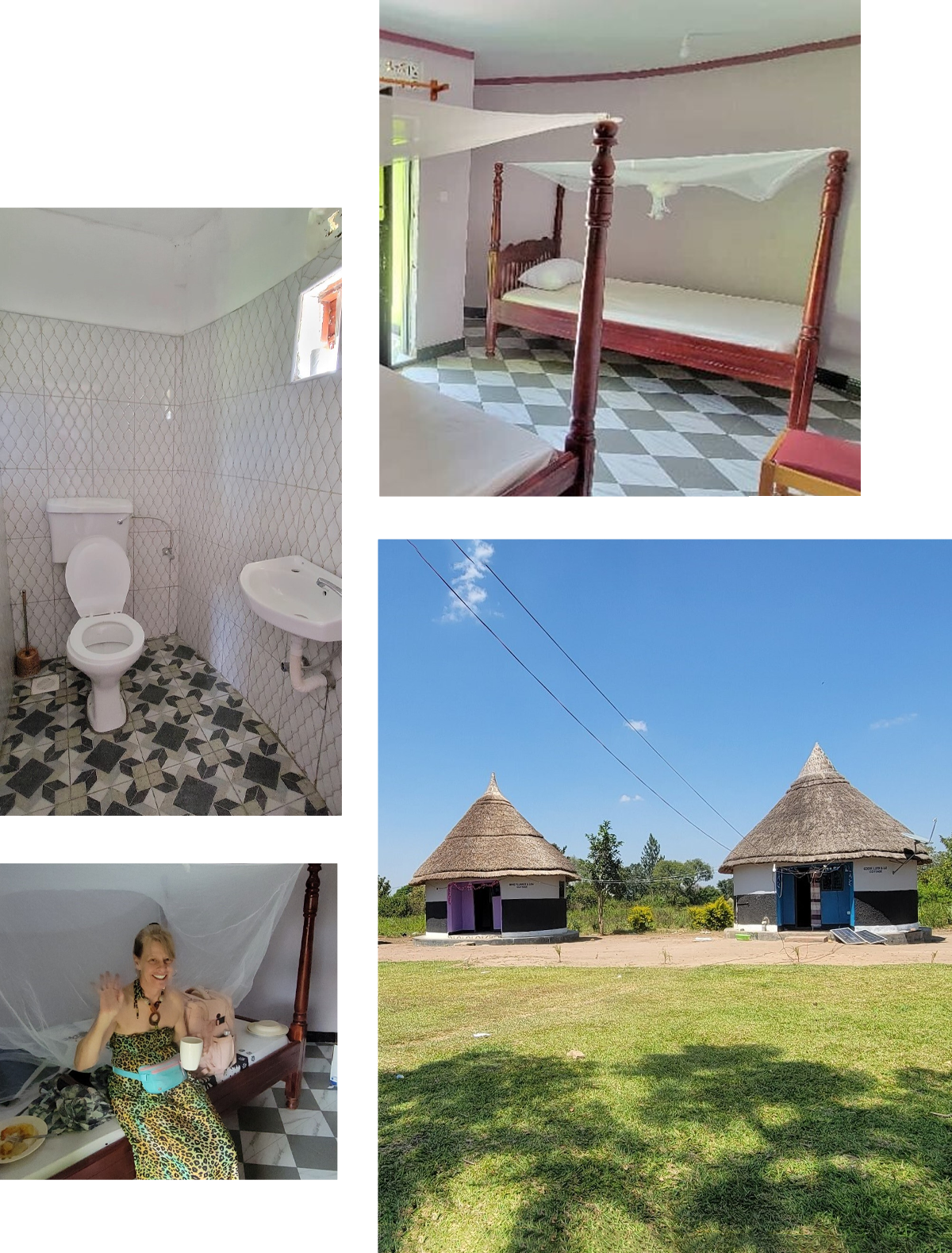 Collage showing a rural setting with two round huts, a simple room with mosquito-netted bed, a basic restroom, and a person seated on a bed under a mosquito net, smiling with raised hands.