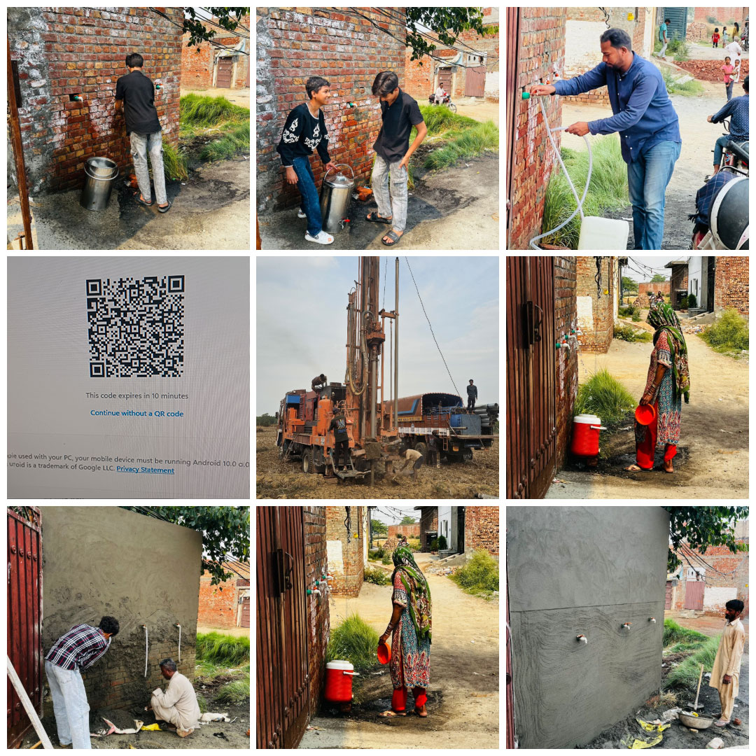 A photo collage shows people collecting water, scanning a QR code, drilling equipment, and workers plastering a wall with taps in a rural area, highlighting a water access improvement project.