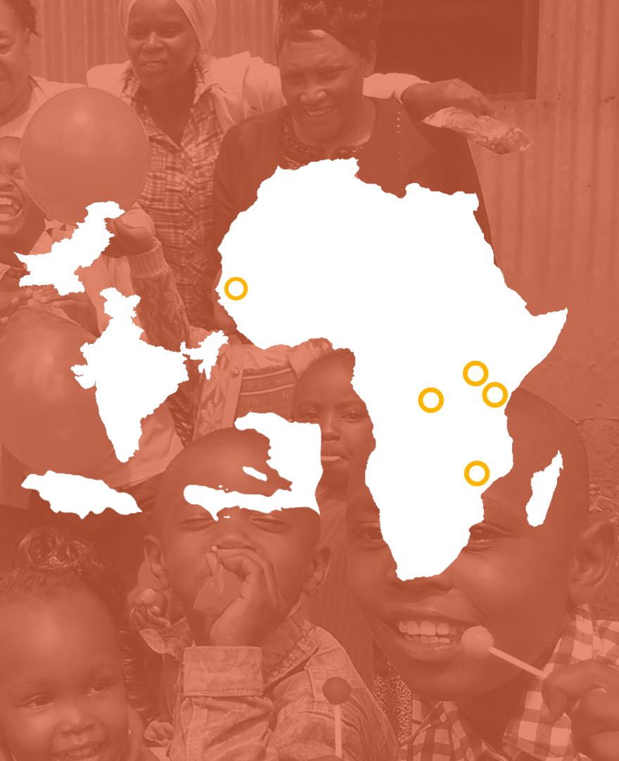 Children with balloons and lollipops smile in the background, while a white map of Africa and surrounding areas with five orange dots is placed over the image.
