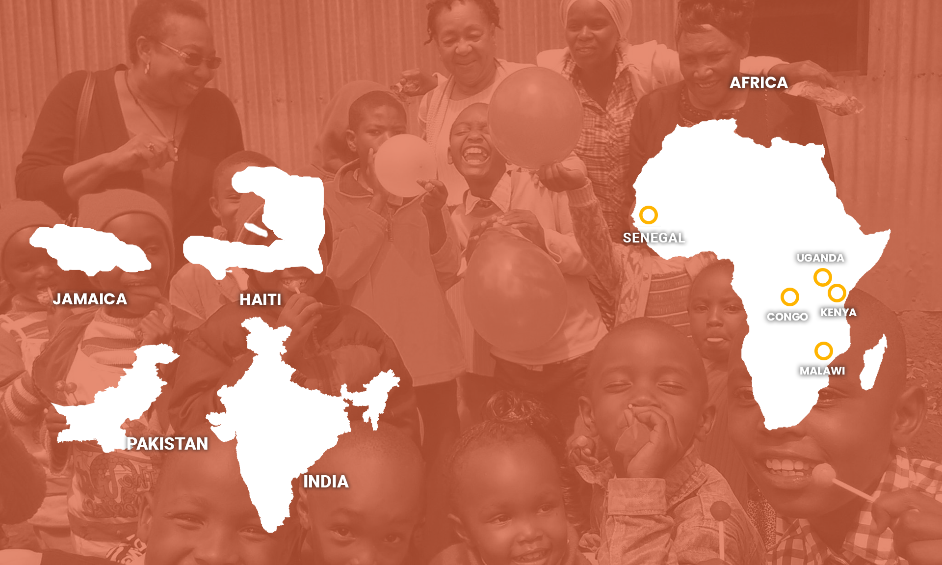 Group of smiling children and adults with orange balloons, overlaid with white maps of Jamaica, Haiti, Pakistan, India, and Africa, highlighting Senegal, Congo, Uganda, Kenya, and Malawi.