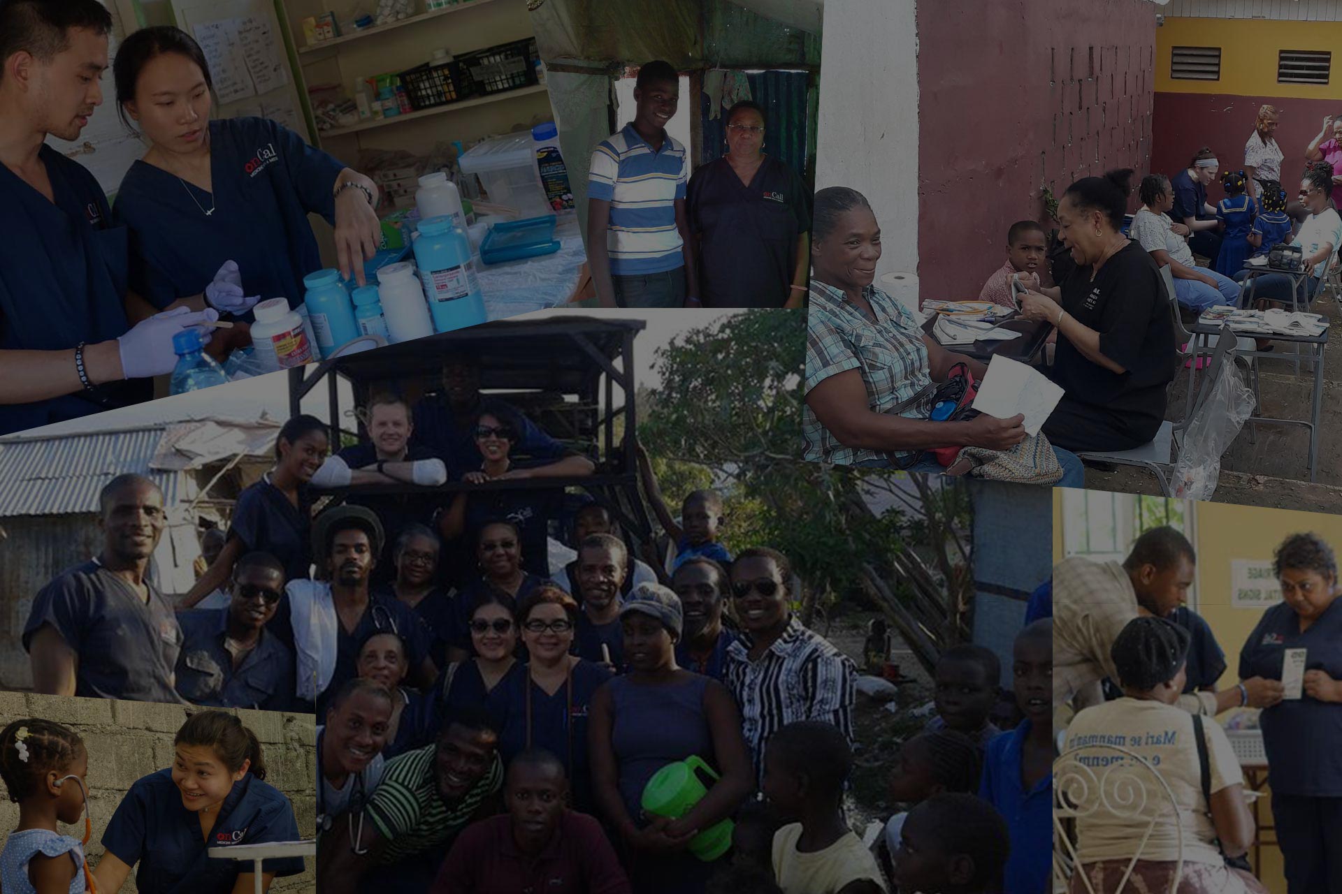 A collage featuring medical professionals, including a veterinarian, and community members in various settings. They are engaging in activities like examining medical supplies, interacting with adults and children, and posing for group photos. Some are seated outdoors, while others are in a clinic environment.