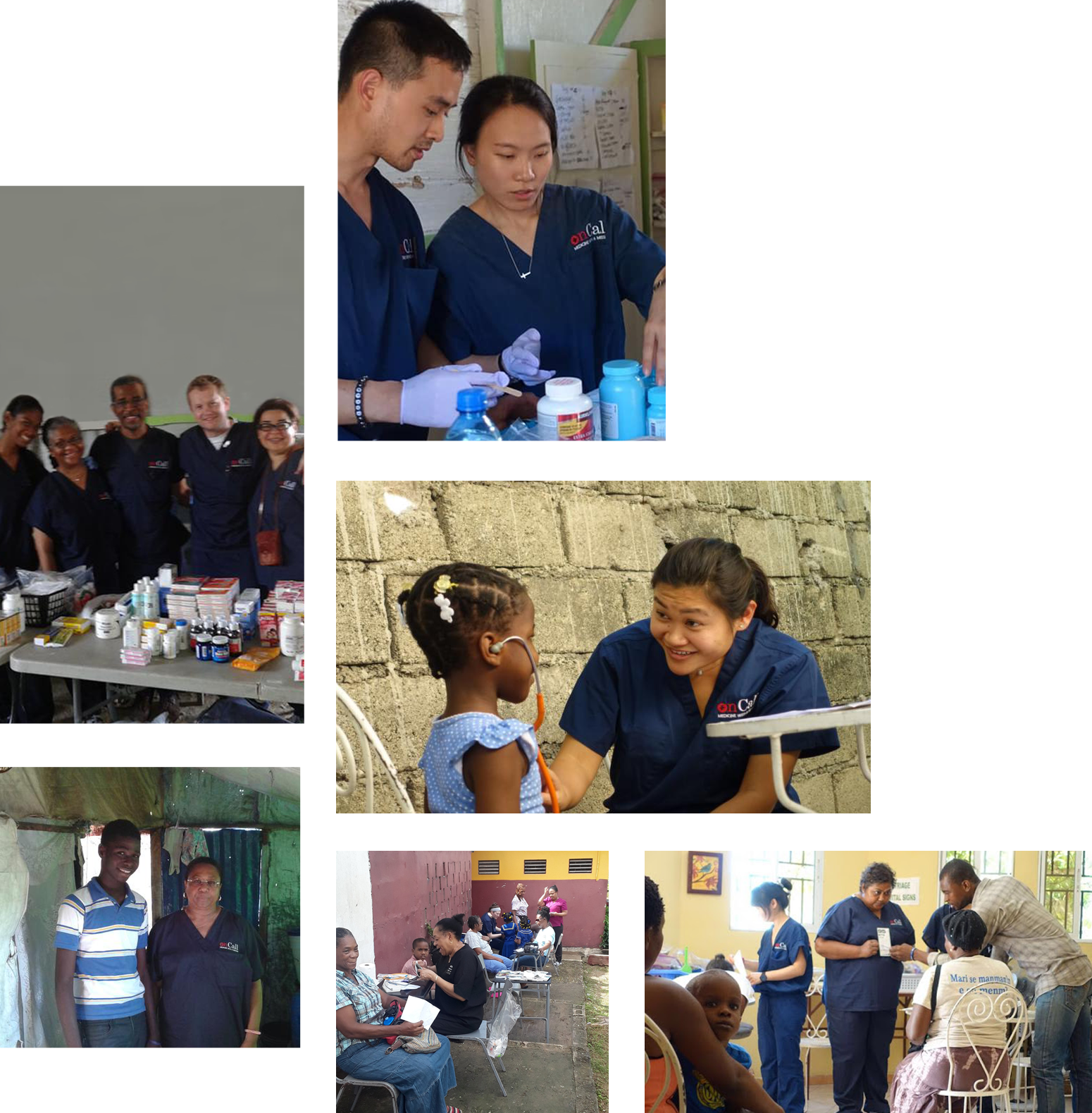 A collage of images showing a group of healthcare workers, all wearing blue scrubs, engaging in various medical activities. These include preparing medications, interacting with patients, and working alongside a vet in what appears to be a community health setting.