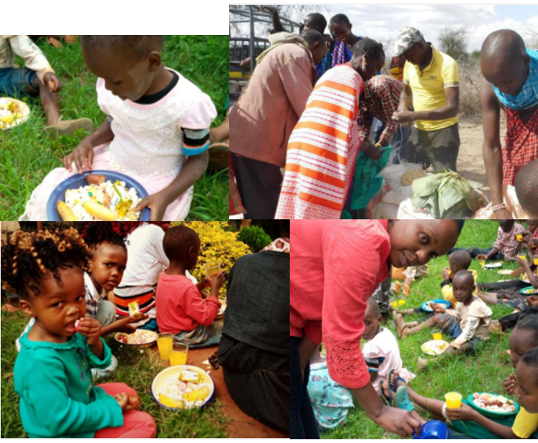 A collage of four images showing children and adults enjoying a meal outdoors. The images depict people of different ages serving and eating food in a communal setting, with a mix of casual and traditional attire, and a grassy area in the background. The event highlights the importance of donation to support charity efforts.